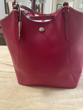 COACH Cherry Red Leather Tote with Signature Charm